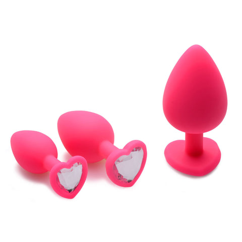 Red Hearts 3 Piece Silicone Anal Plugs with Gem Accents